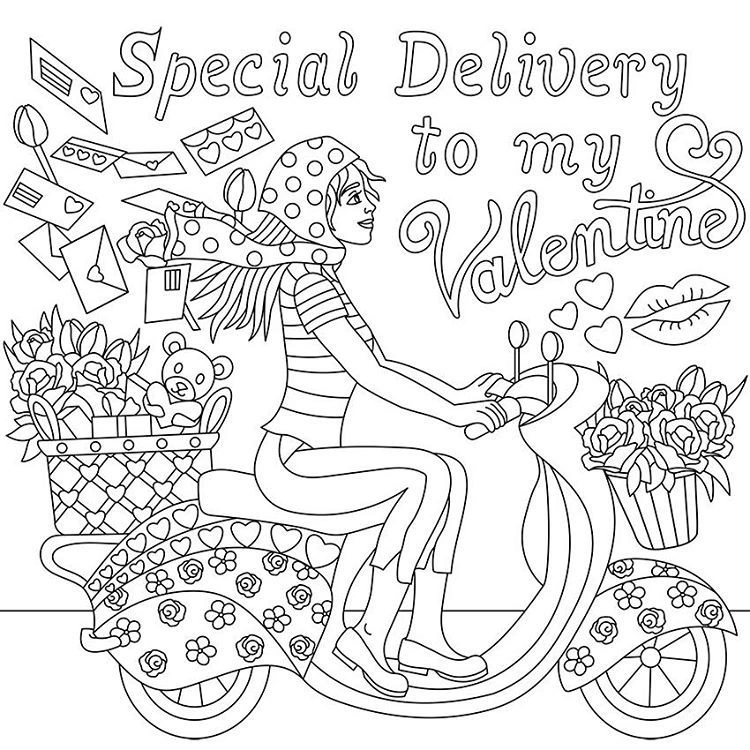 Coloring book of woman on a scooter on valentines day Coloring book of woman on a scooter on valentines day